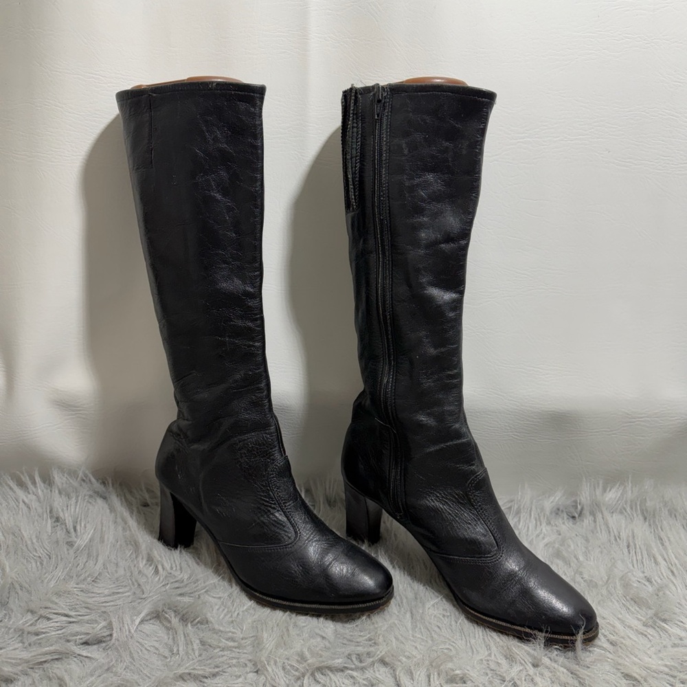 Vintage Black Leather Knee-High Boots